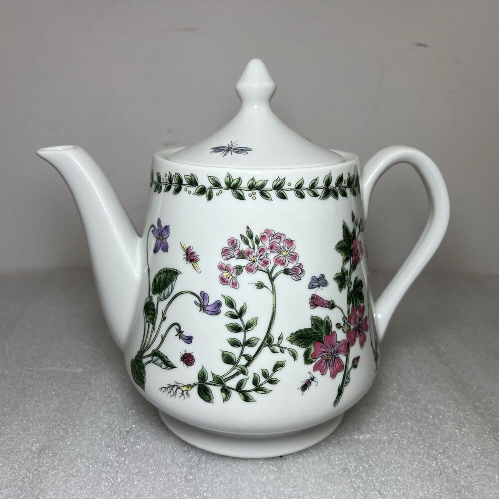 Vtg Andrea By Sadek Floral Porcelain Teapot Flowers Insects Ladybug Japan